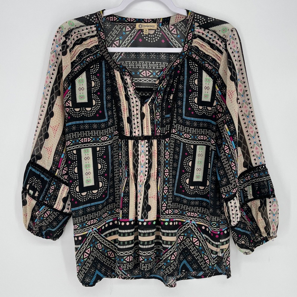 Democracy Womens M Boho Whimsigoth Witchy Tribal Print Crochet Festival Blouse - Picture 2 of 8